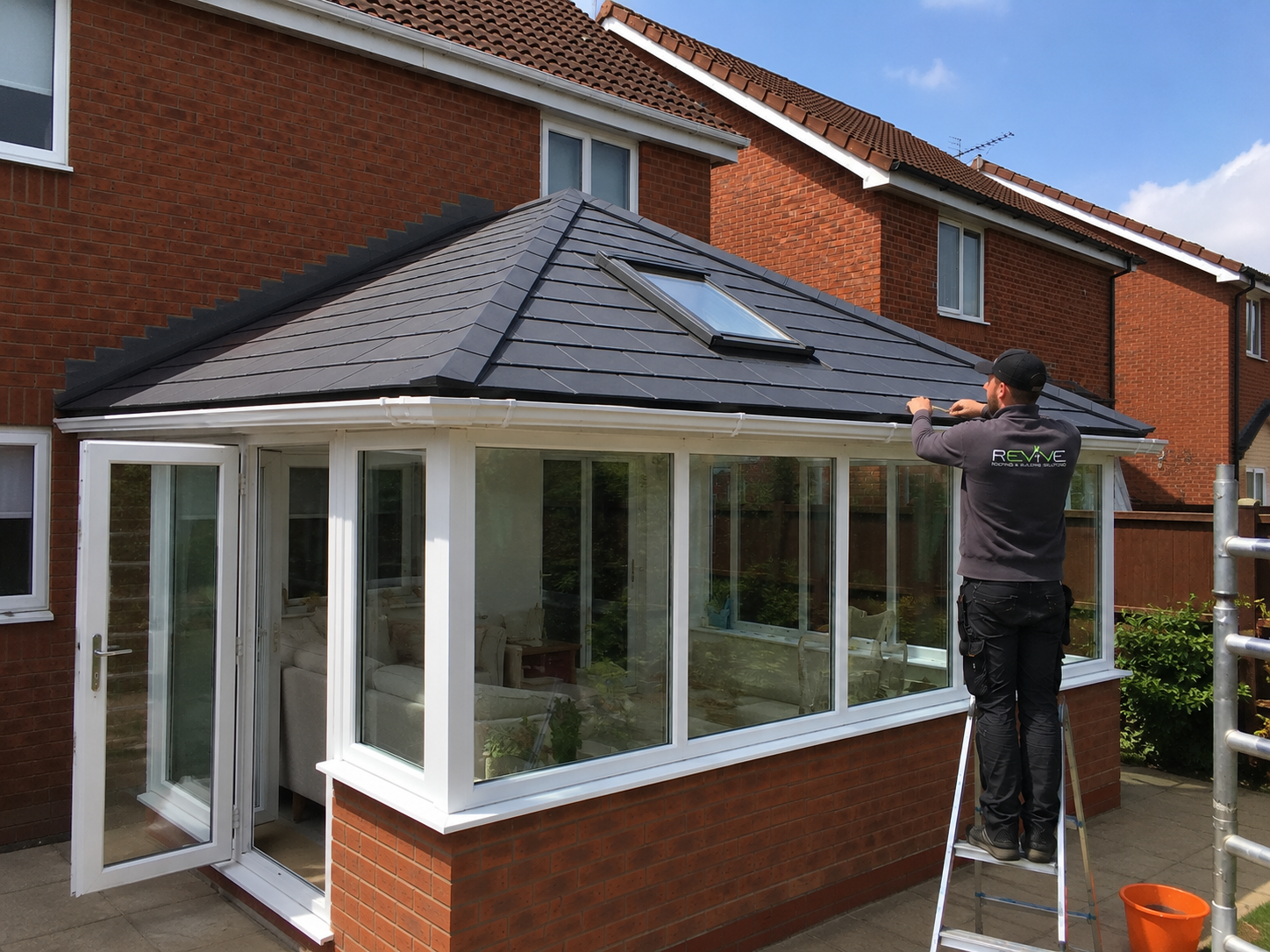 Completed conservatory warm roof conversion with dark tiled finish and Velux roof window